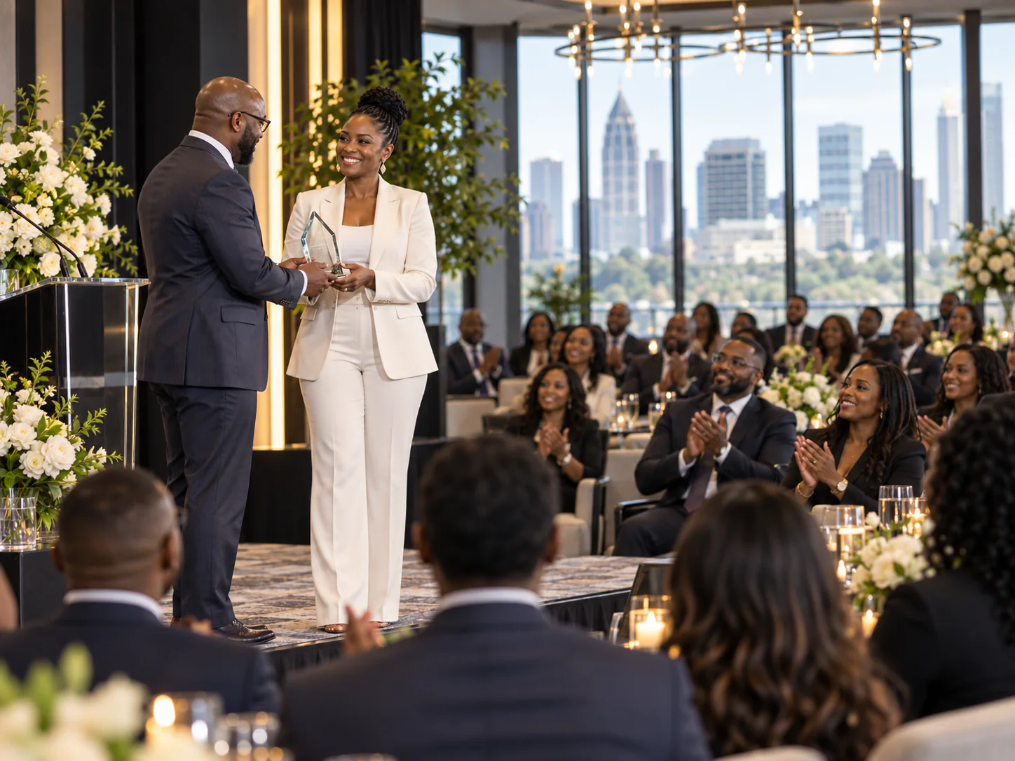 Professional receiving an award during a corporate event