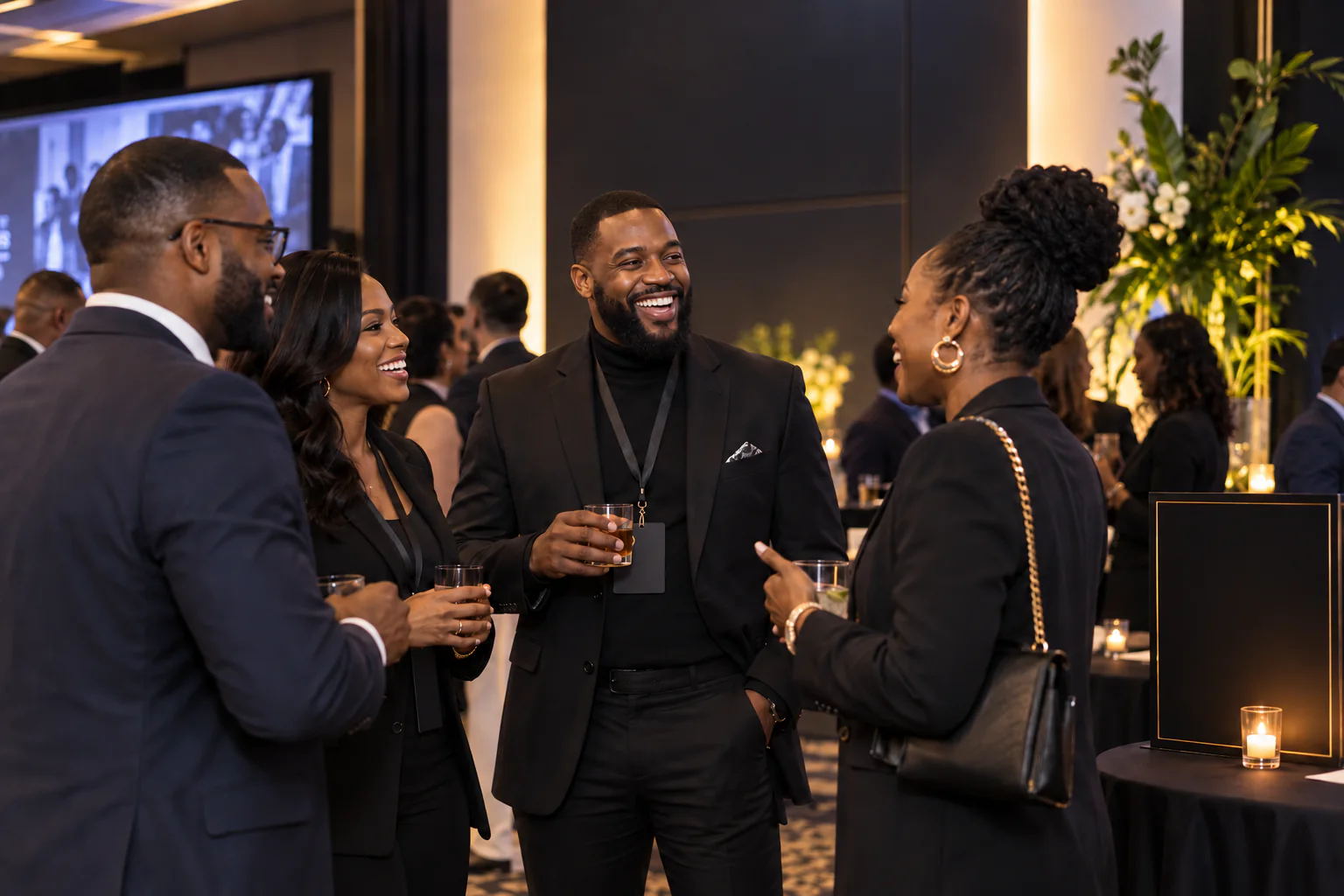 Professionals sharing a candid conversation at an evening event