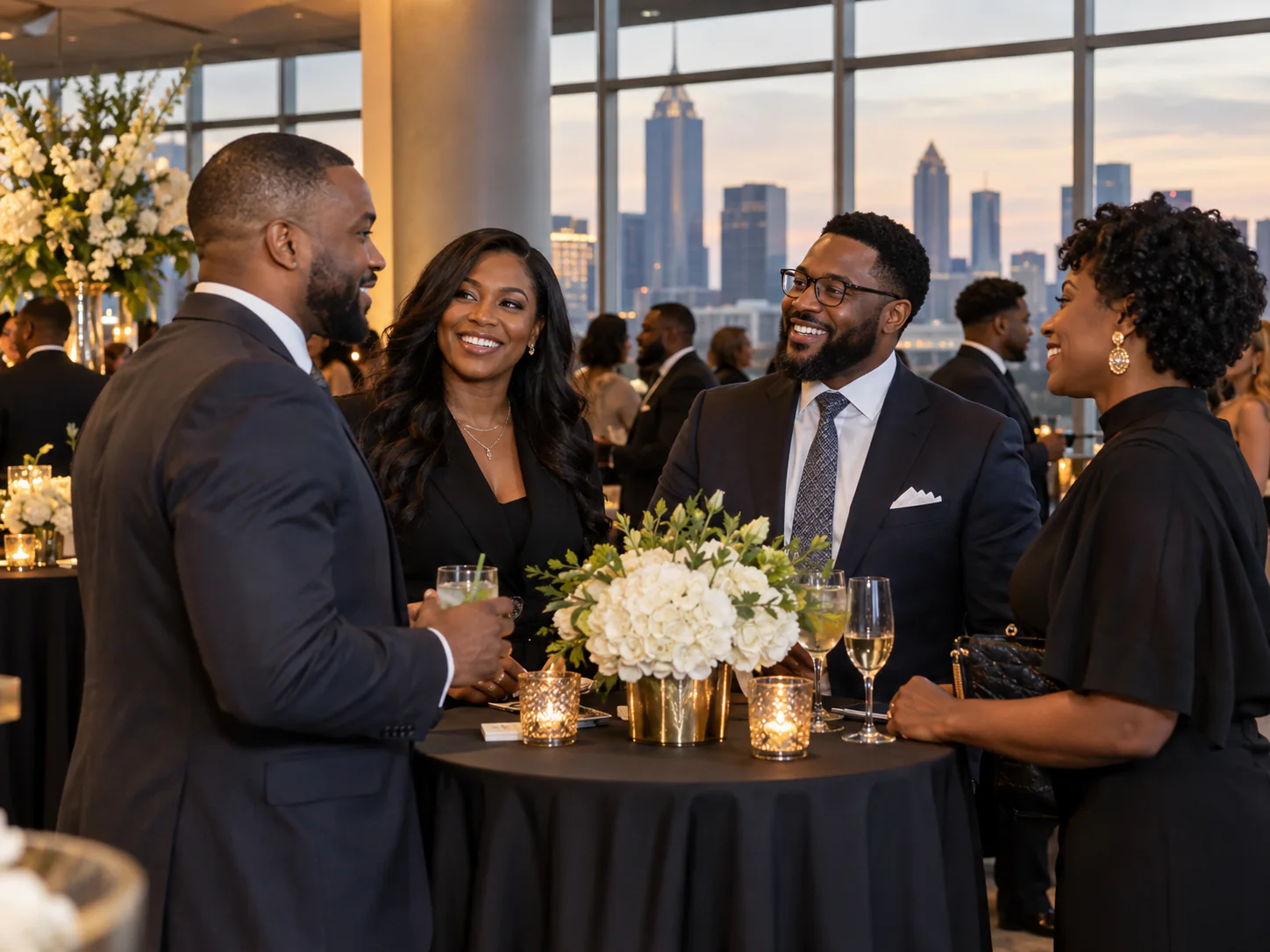 Business professionals talking around a reception table